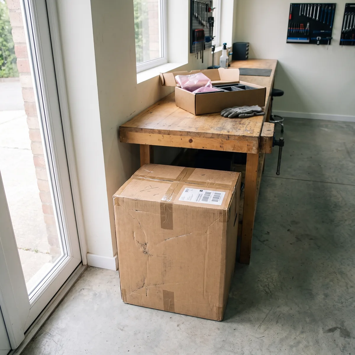 Caja precintada con etiqueta de transporte lista para recoger
