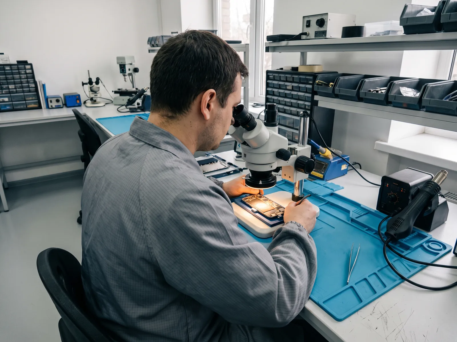 Tecnico reparando una placa con microscopio de soldadura