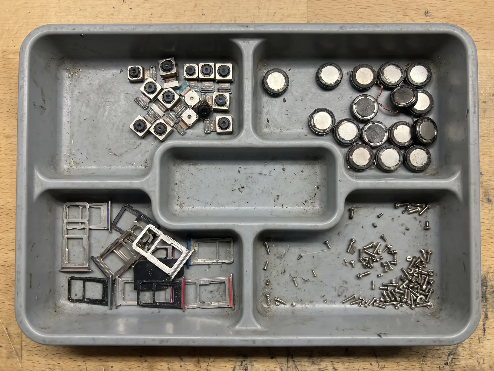 Bandeja con piezas recuperadas clasificadas: cámaras, altavoces y tornillería
