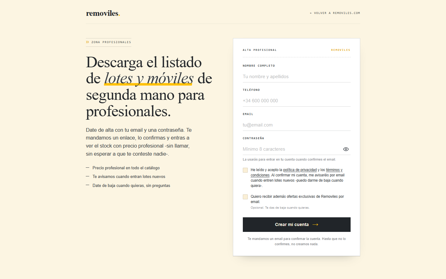 El formulario de alta profesional, con los campos de nombre completo, teléfono, email y contraseña, y el botón Crear mi cuenta.