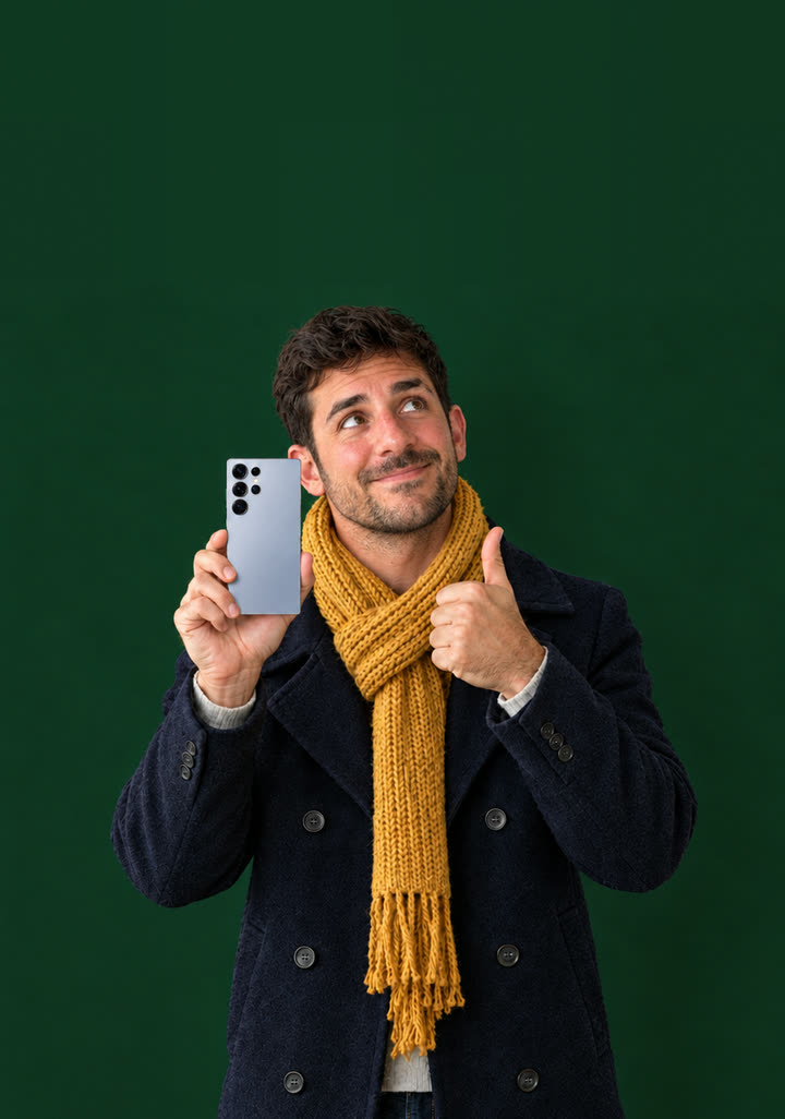 Hombre sonriente con un Samsung Galaxy S25 Ultra en la mano, sobre fondo verde