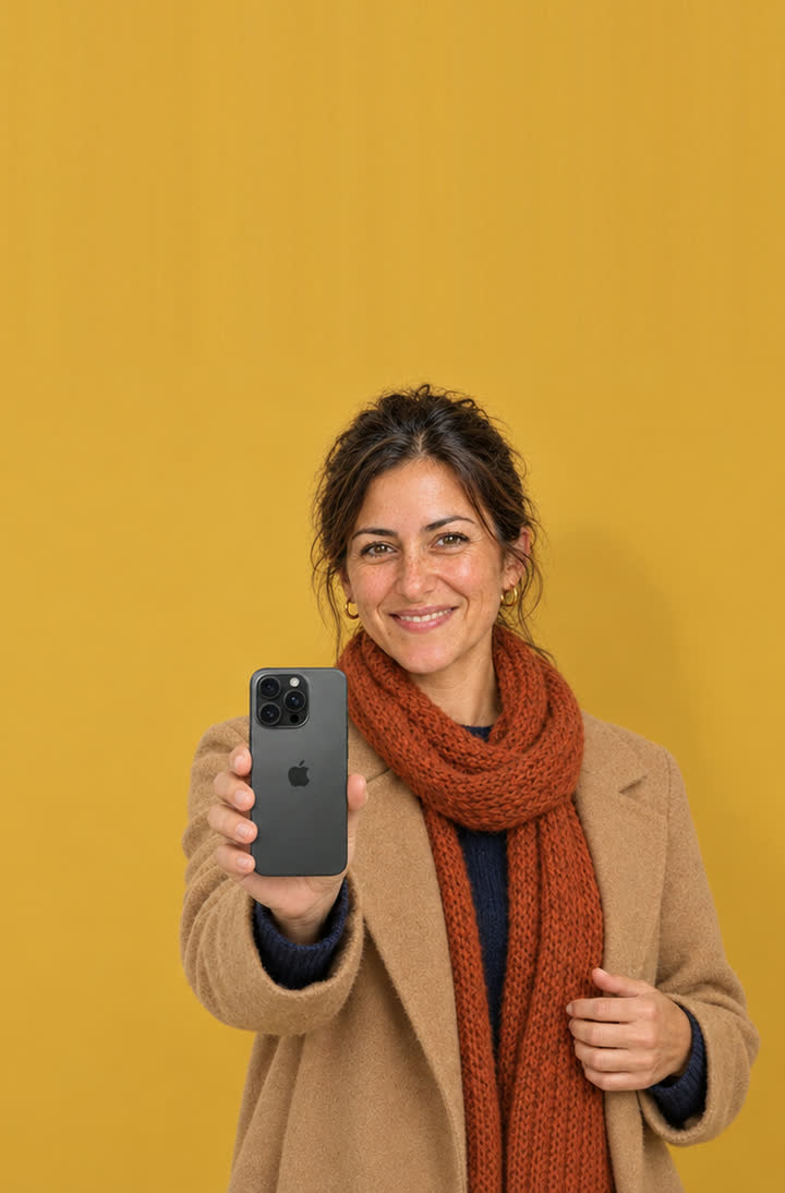 Mujer sonriente que ofrece un iPhone 16 Pro Max hacia la cámara, sobre fondo mostaza