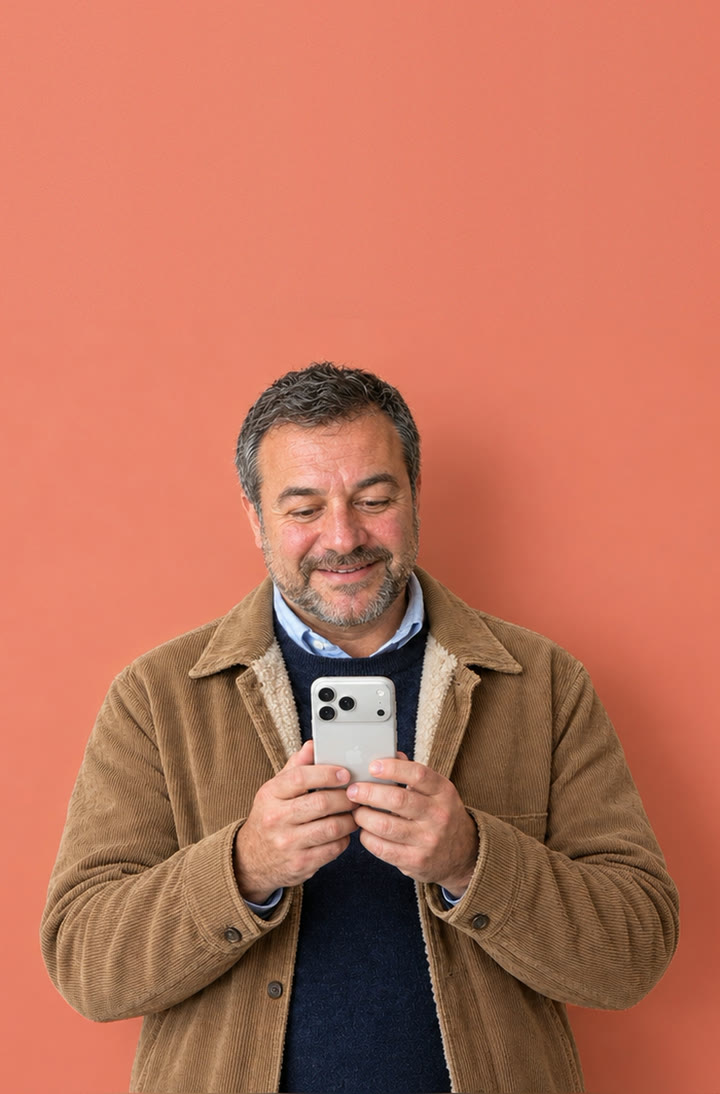 Hombre mayor que sonríe mirando la pantalla de un iPhone 18 Pro Max plateado, sobre fondo coral