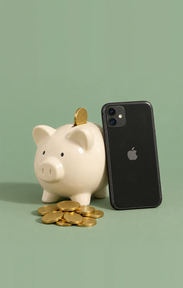 Un iPhone 11 apoyado en una hucha, junto a unas monedas